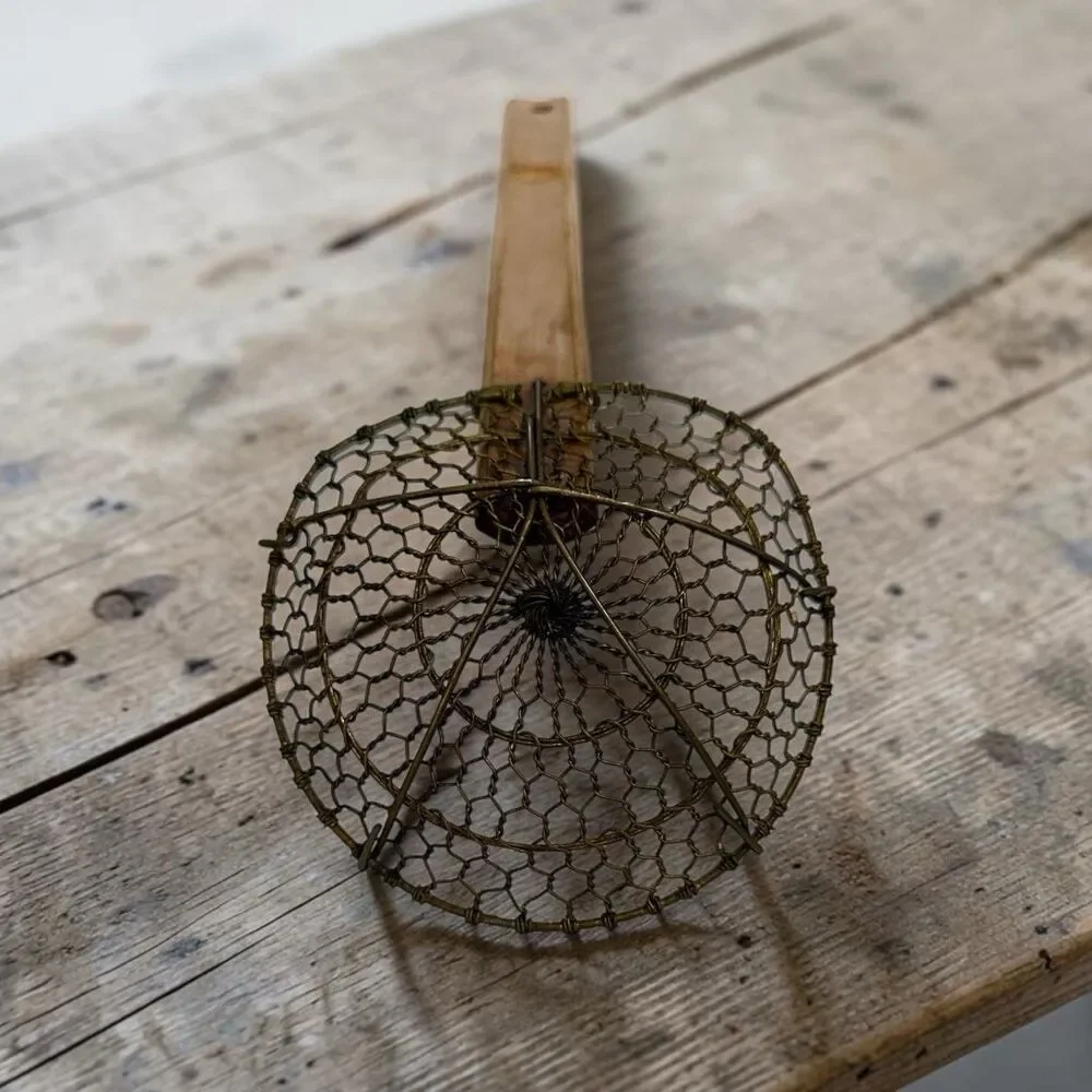 Vintage Bamboo Handle Wire Mesh Skimmer Strainer Rustic Kitchen Utensil